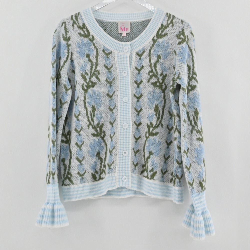 So Me Floral Wool Blend Cardigan Womens Size L Blue Green Cottagecore Coquette